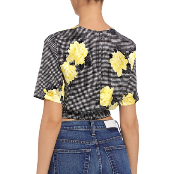 GANNI Calla Floral Plaid Silk-blend Twist Crop Top - Picture 2 of 7